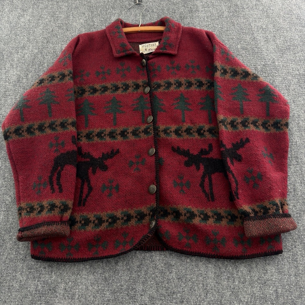 Vintage Montana Woolen Shop Wool Moose Jacket Womens M USA Made Red